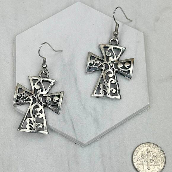 Silver Tone Cross Scroll Dangle Earrings - Picture 1 of 2